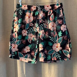 Caribbean Joe Navy/Pink Floral Tropical Swim Shorts Elastic Waist Men Size Large